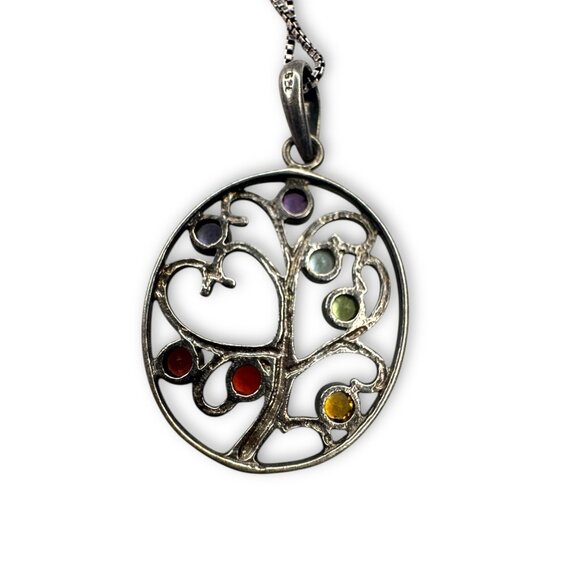 Sterling Silver Tree Of Life Gemstone Pendant Necklace 925 Box Chain 24" - Picture 3 of 9